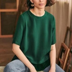 Sezane Pernille Pleated Hem Blouse Dark Green Size 34